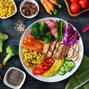 customizable healthy bowl with fresh vegetables and grains